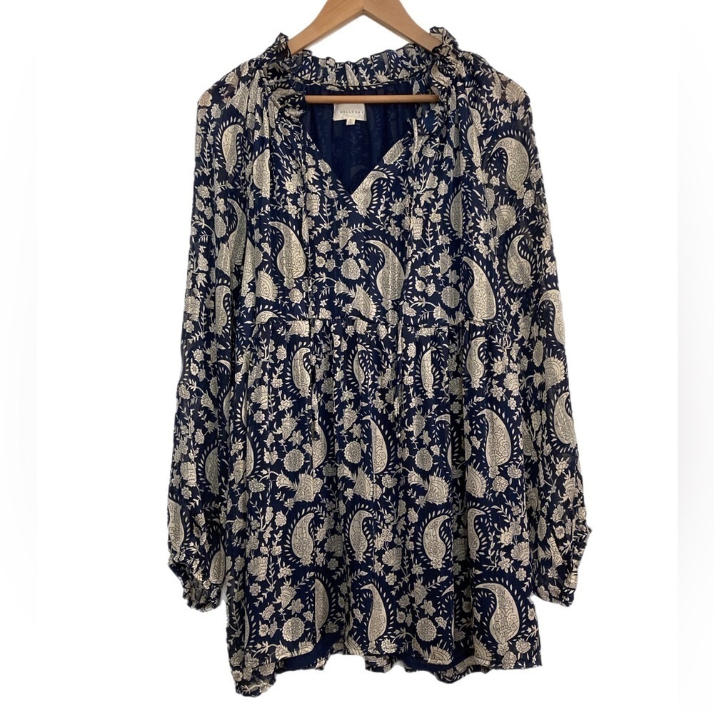Melloday blue & white paisley tiered skirt long sleeve mini dress w/ tie neck